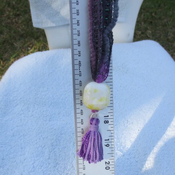 New Boho Purple Fiber Yellow Ceramic Hand Crafted Bead Tassel Necklace - Picture 6 of 8